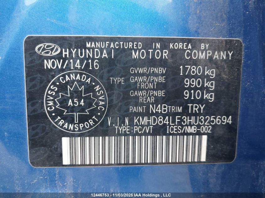 2017 Hyundai Elantra Se/Value/Limited VIN: KMHD84LF3HU325694 Lot: 12446753