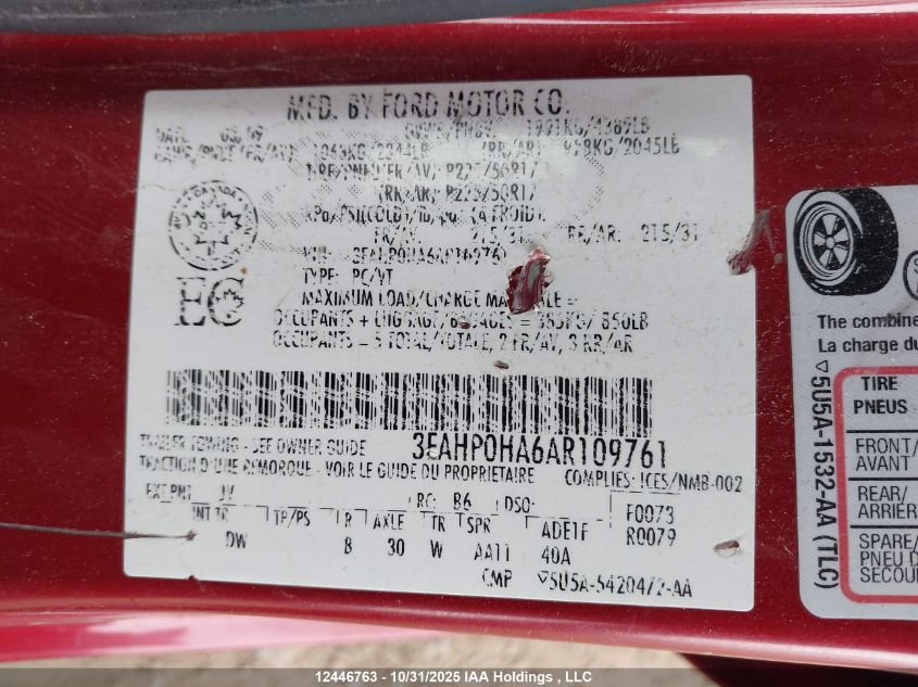 2010 Ford Fusion Se VIN: 3FAHP0HA6AR109761 Lot: 12446763