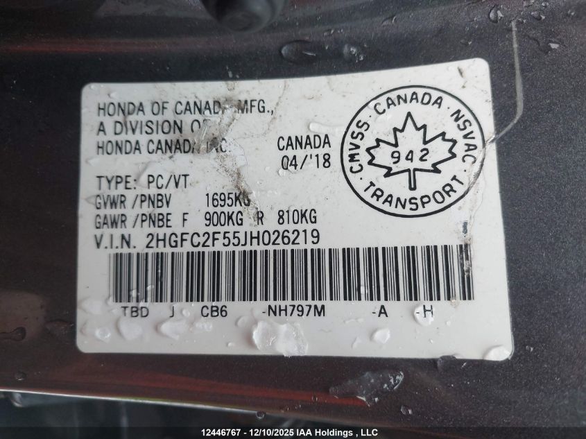 2018 Honda Civic Lx VIN: 2HGFC2F55JH026219 Lot: 12446767