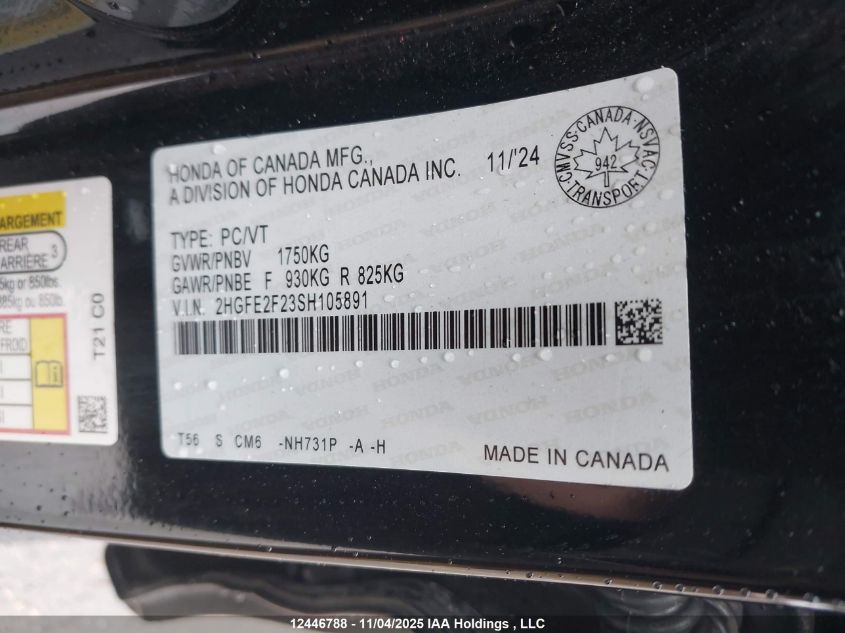 2025 Honda Civic Lx VIN: 2HGFE2F23SH105891 Lot: 12446788