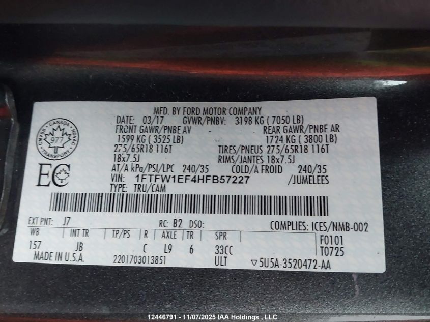 2017 Ford F150 Supercrew VIN: 1FTFW1EF4HFB57227 Lot: 12446791