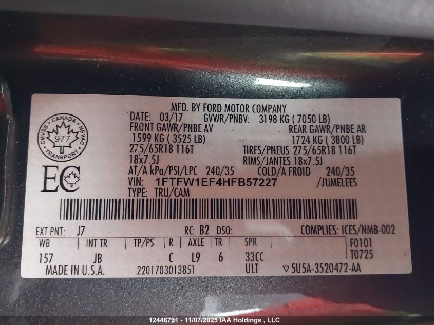 2017 Ford F150 Supercrew VIN: 1FTFW1EF4HFB57227 Lot: 12446791