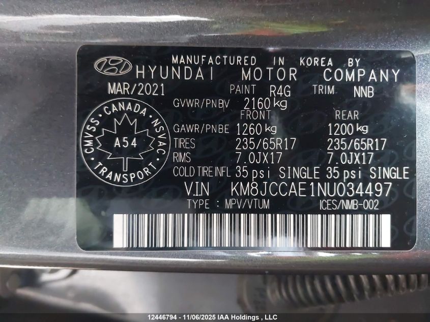 2022 Hyundai Tucson Sel VIN: KM8JCCAE1NU034497 Lot: 12446794