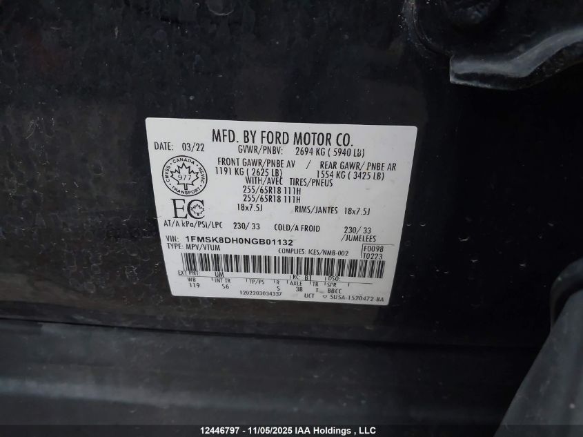 2022 Ford Explorer Xlt VIN: 1FMSK8DH0NGB01132 Lot: 12446797