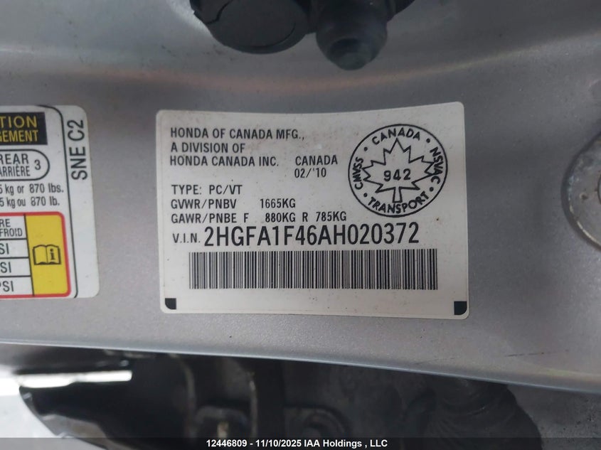 2HGFA1F46AH020372 2010 HONDA CIVIC photo no. 9