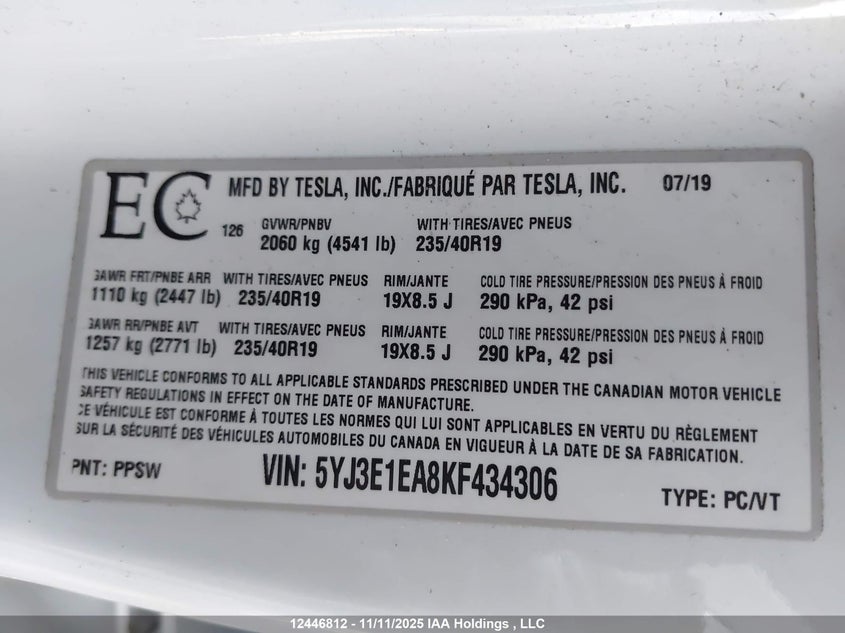 5YJ3E1EA8KF434306 2019 TESLA MODEL 3 photo no. 9