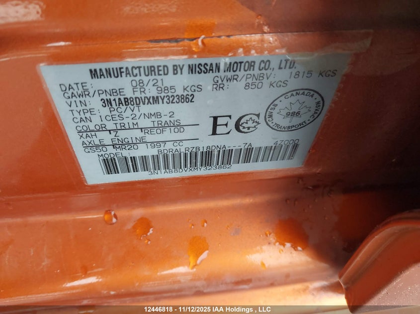 2021 Nissan Sentra Sr VIN: 3N1AB8DVXMY323862 Lot: 12446818