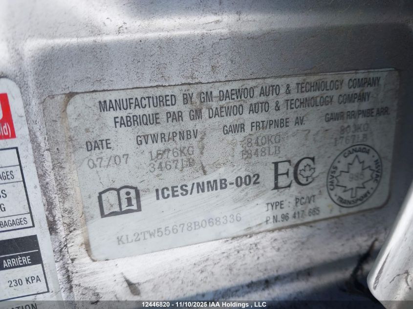 2008 Pontiac Wave Se VIN: KL2TW55678B068336 Lot: 12446820