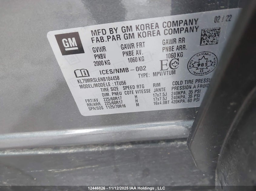 2022 Chevrolet Trailblazer Lt VIN: KL79MRSL6NB104458 Lot: 12446826