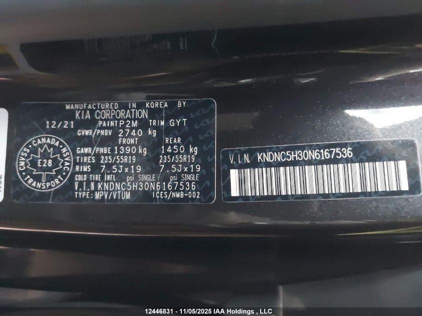 2022 Kia Carnival Ex VIN: KNDNC5H30N6167536 Lot: 12446831