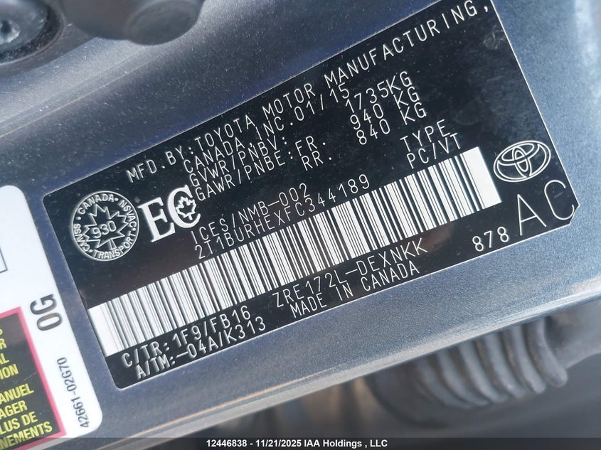 2T1BURHEXFC344189 2015 TOYOTA COROLLA photo no. 9