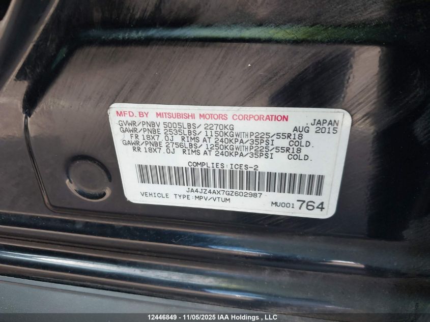 2016 Mitsubishi Outlander Gt VIN: JA4JZ4AX7GZ602987 Lot: 12446849