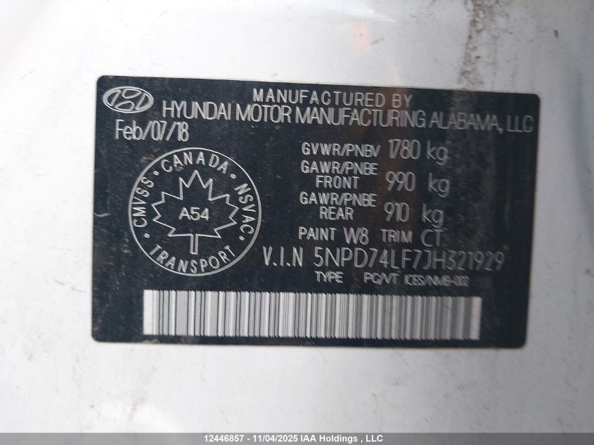 2018 Hyundai Elantra Se VIN: 5NPD74LF7JH321929 Lot: 12446857