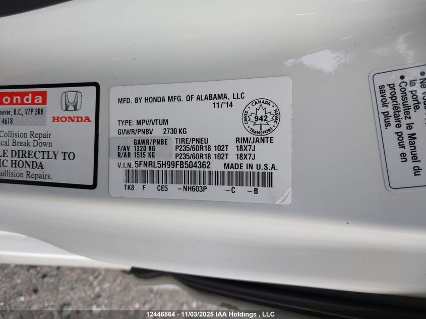 5FNRL5H99FB504362 2015 HONDA ODYSSEY photo no. 9