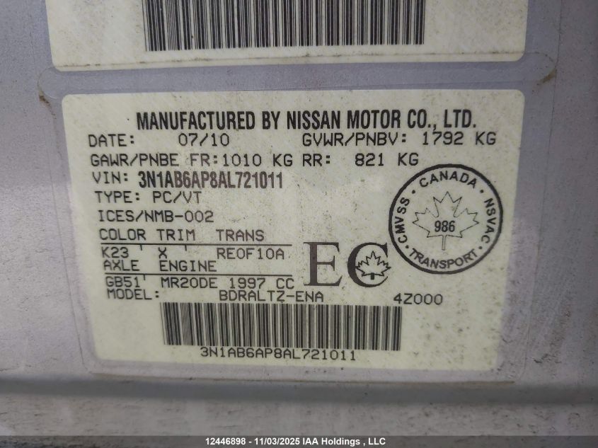 2010 Nissan Sentra 2.0/2.0S/Sr/2.0Sl VIN: 3N1AB6AP8AL721011 Lot: 12446898