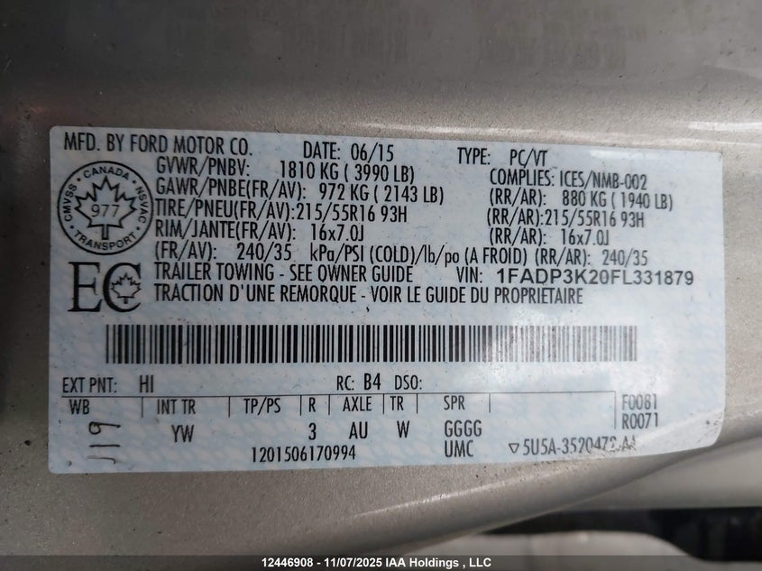 1FADP3K20FL331879 2015 FORD FOCUS photo no. 19