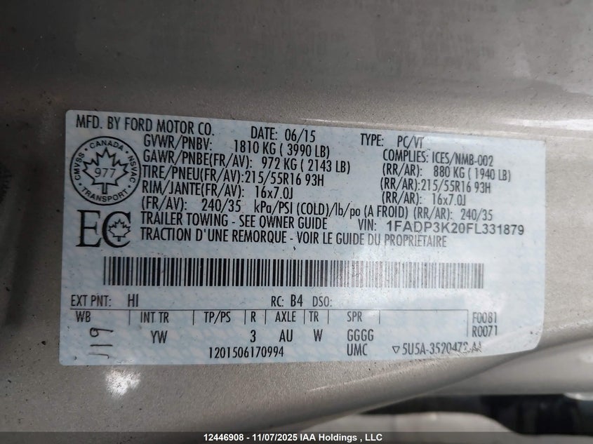 1FADP3K20FL331879 2015 FORD FOCUS photo no. 9