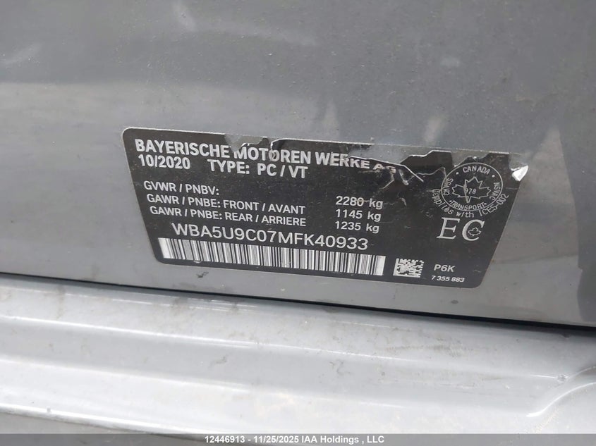 2021 BMW M340I xDrive VIN: WBA5U9C07MFK40933 Lot: 12446913