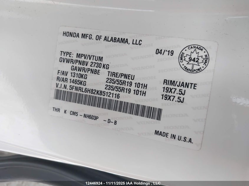 5FNRL6H82KB512116 2019 HONDA ODYSSEY photo no. 9