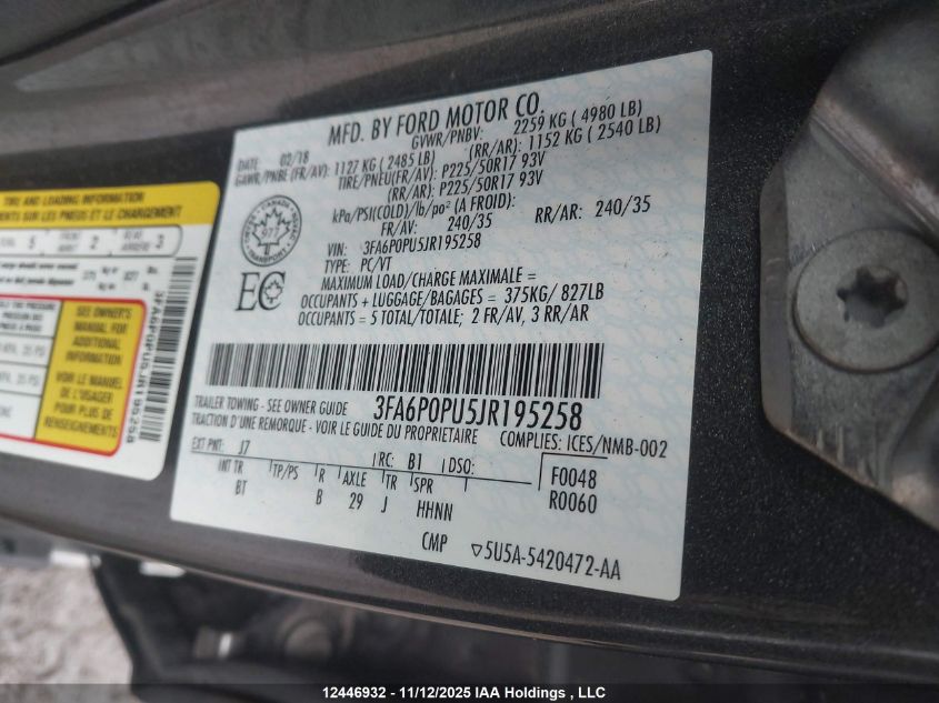 2018 Ford Fusion Energi Se Luxury VIN: 3FA6P0PU5JR195258 Lot: 12446932