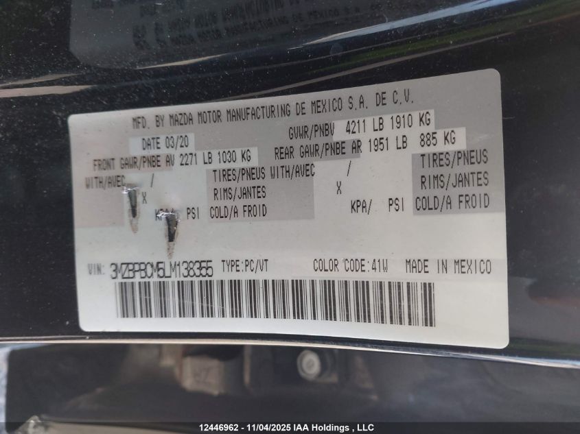 2020 Mazda 3 Select VIN: 3MZBPBCM5LM138355 Lot: 12446962