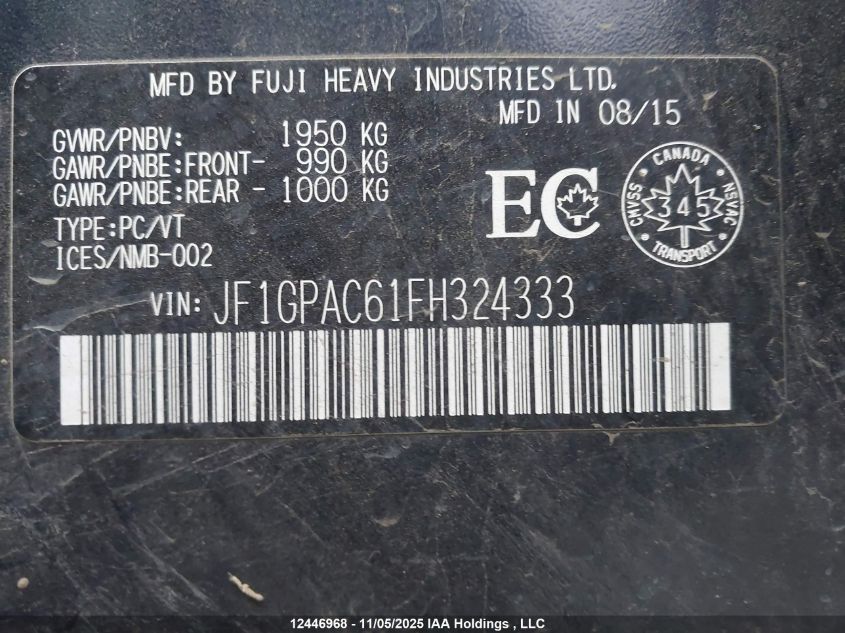 2015 Subaru Impreza Premium VIN: JF1GPAC61FH324333 Lot: 12446968