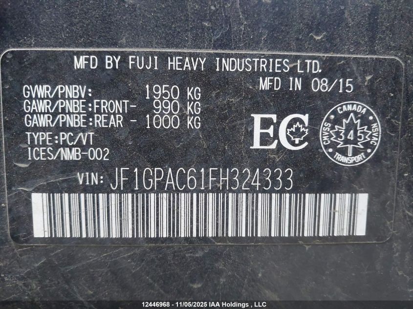 2015 Subaru Impreza Premium VIN: JF1GPAC61FH324333 Lot: 12446968