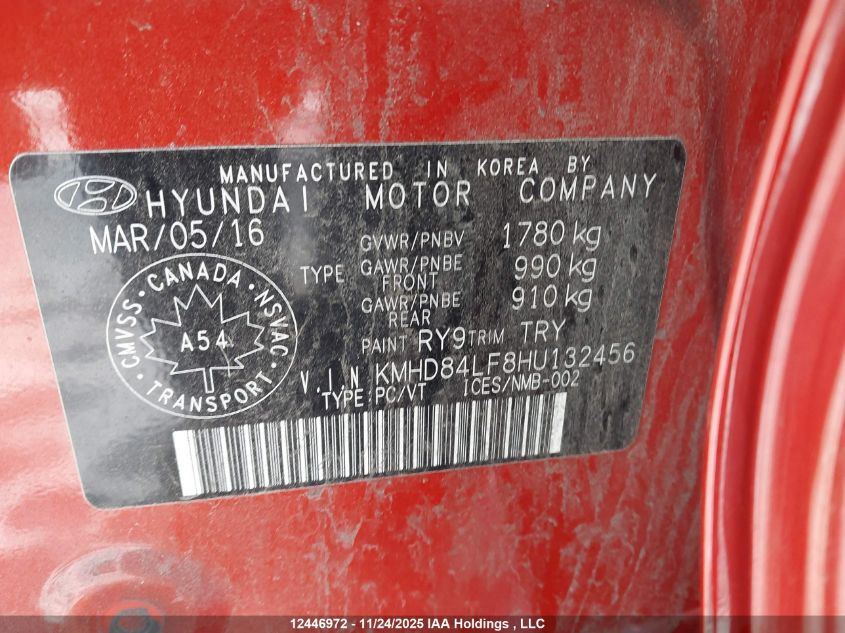2017 Hyundai Elantra Gl VIN: KMHD84LF8HU132456 Lot: 12446972