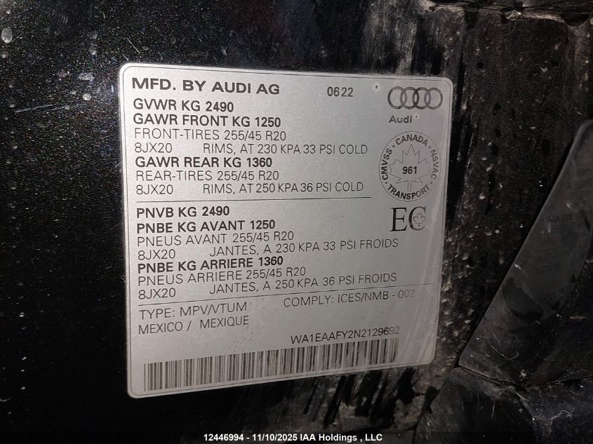 2022 Audi Q5 Premium Plus 45 VIN: WA1EAAFY2N2129692 Lot: 12446994