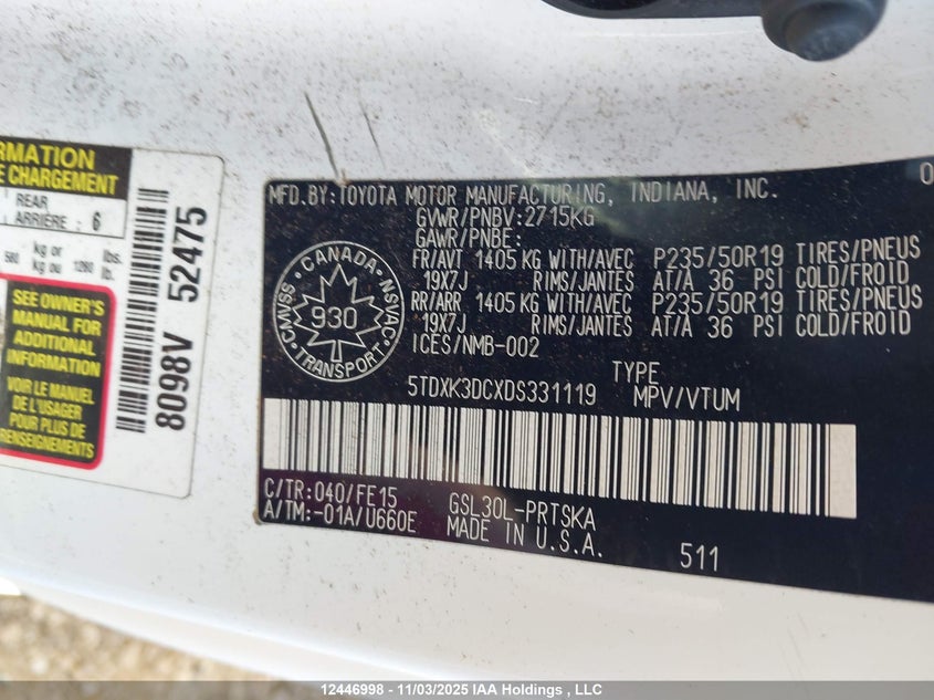 5TDXK3DCXDS331119 2013 TOYOTA SIENNA photo no. 19
