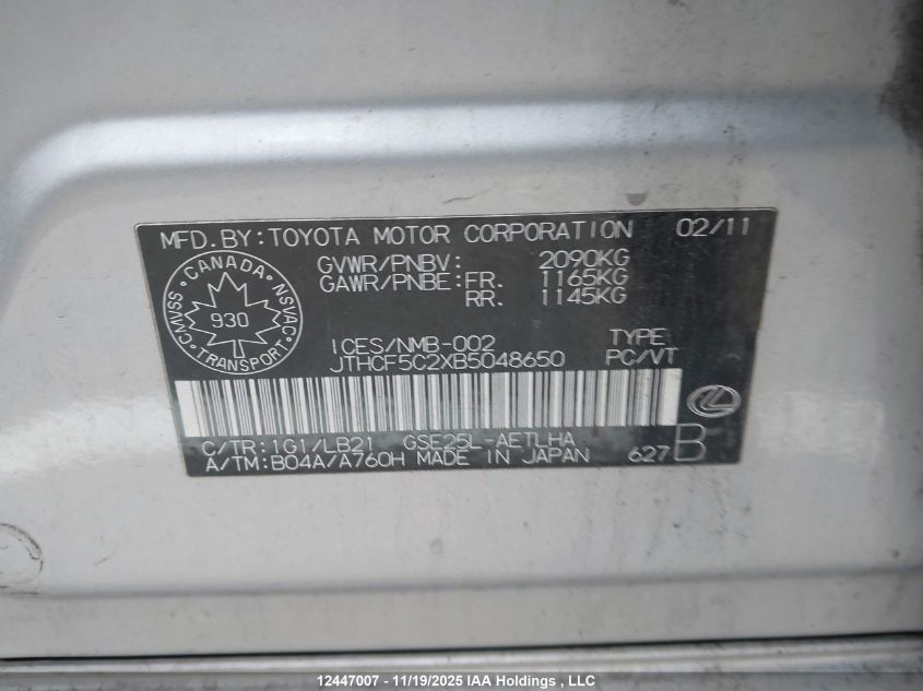 2011 Lexus Is 250 VIN: JTHCF5C2XB5048650 Lot: 12447007