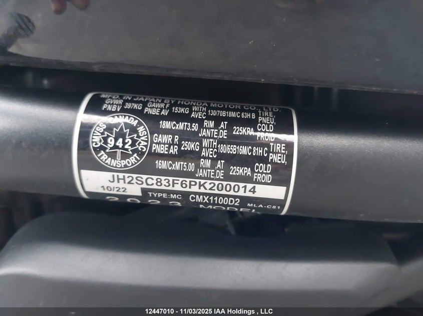 2023 Honda Cmx1100 Dt VIN: JH2SC83F6PK200014 Lot: 12447010