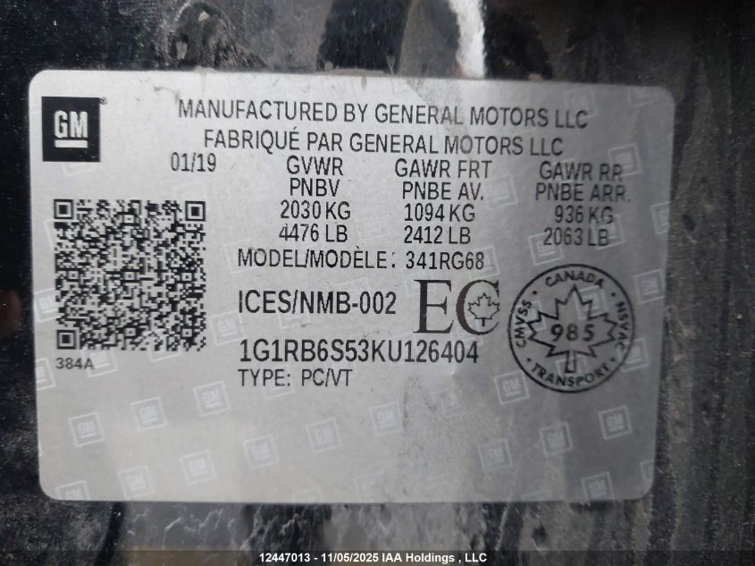 2019 Chevrolet Volt VIN: 1G1RB6S53KU126404 Lot: 12447013