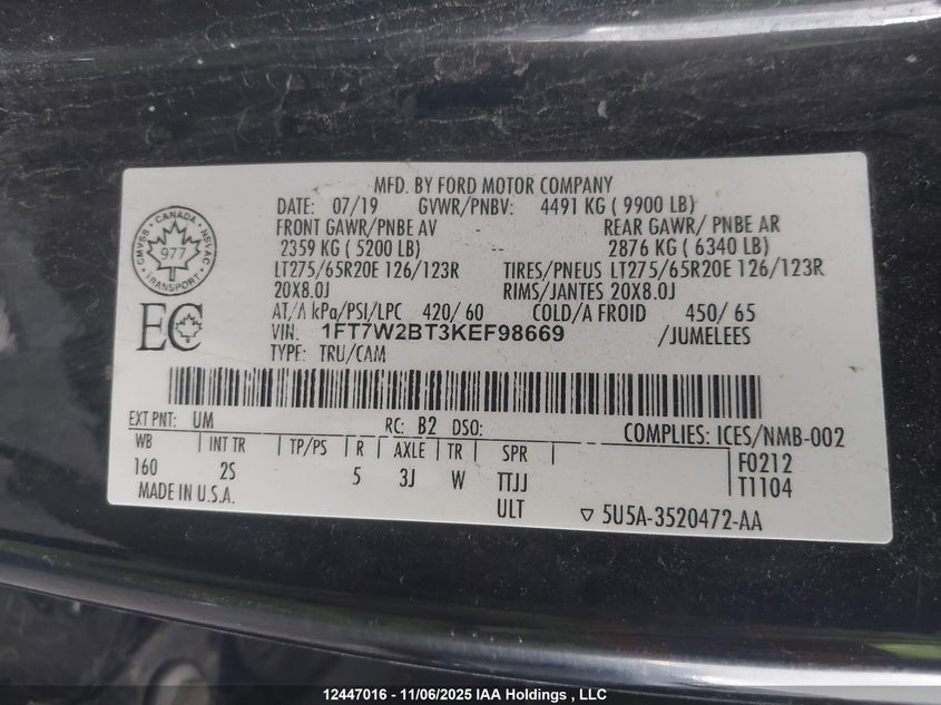 1FT7W2BT3KEF98669 2019 FORD F250 photo no. 16