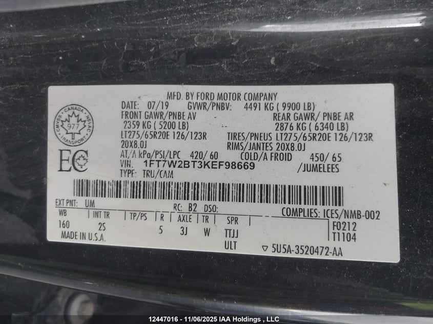1FT7W2BT3KEF98669 2019 FORD F250 photo no. 9