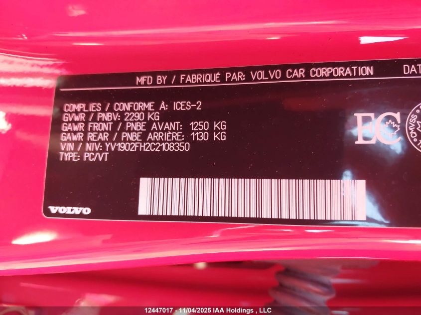 2012 Volvo S60 T6 VIN: YV1902FH2C2108350 Lot: 12447017