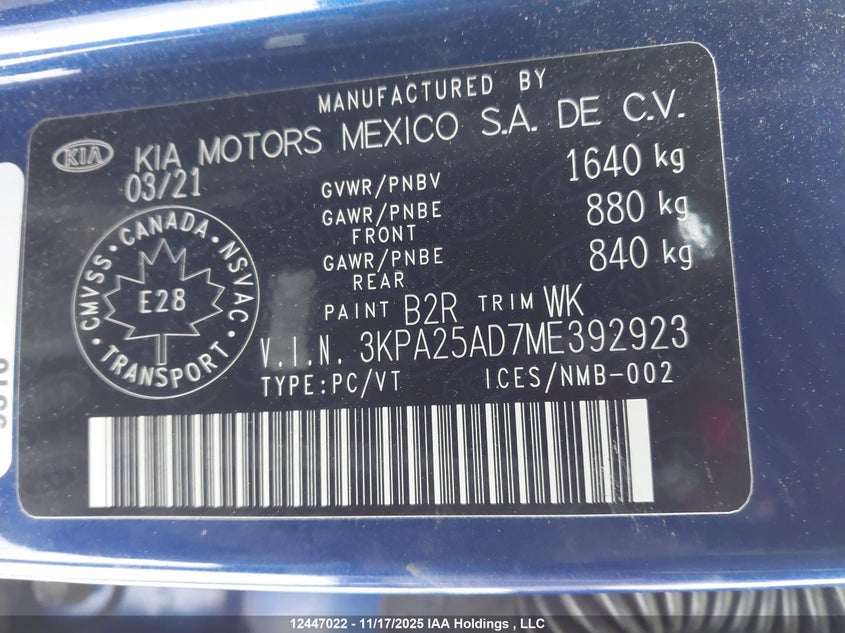 2021 Kia Rio Lx Premium/Lx+ VIN: 3KPA25AD7ME392923 Lot: 12447022