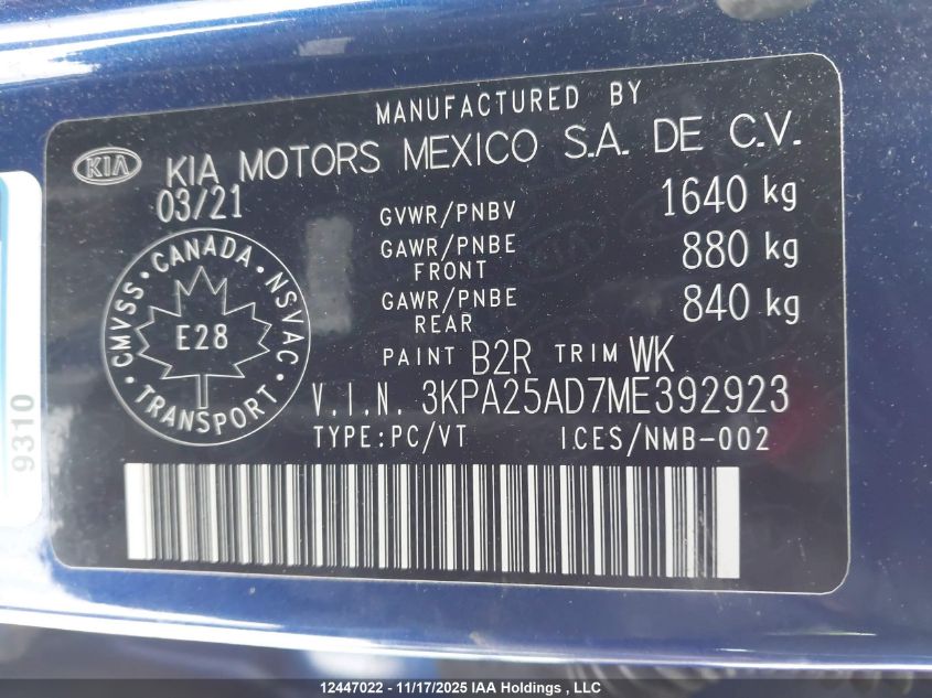 2021 Kia Rio Lx Premium/Lx+ VIN: 3KPA25AD7ME392923 Lot: 12447022