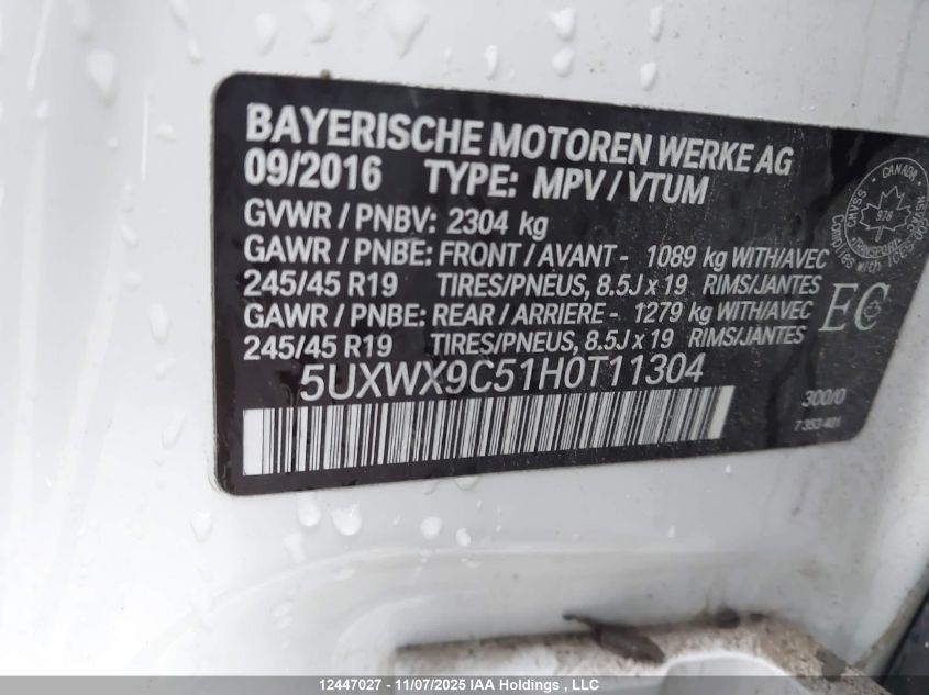 2017 BMW X3 xDrive28I VIN: 5UXWX9C51H0T11304 Lot: 12447027