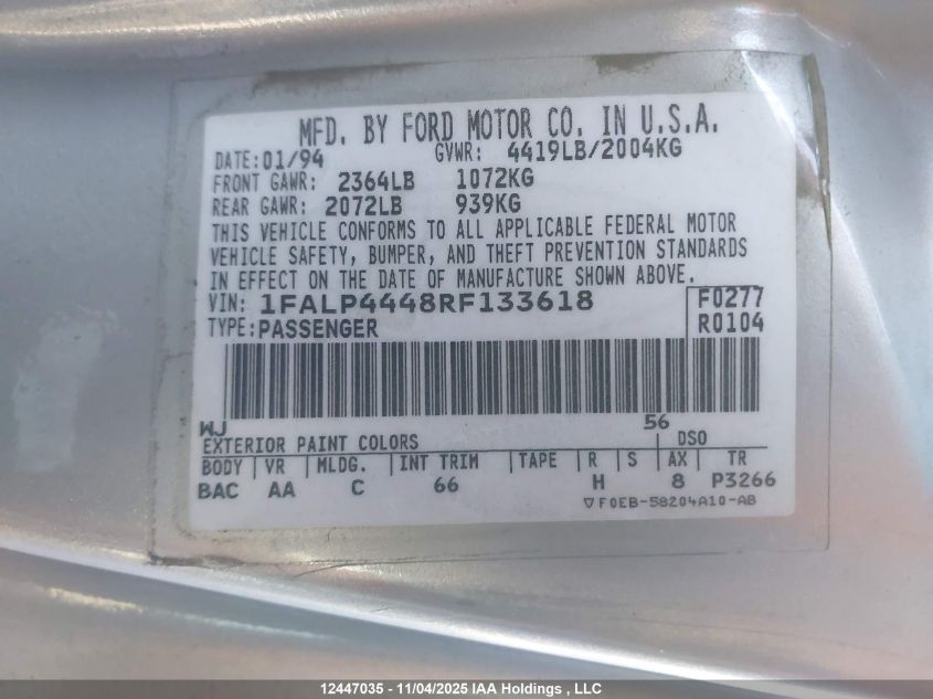 1994 Ford Mustang VIN: 1FALP4448RF133618 Lot: 12447035