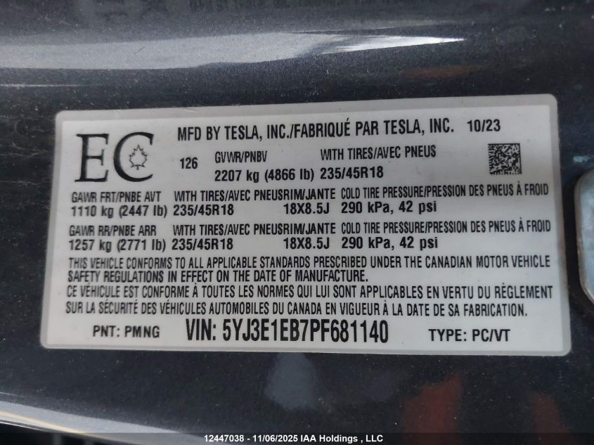 2023 Tesla Model 3 VIN: 5YJ3E1EB7PF681140 Lot: 12447038