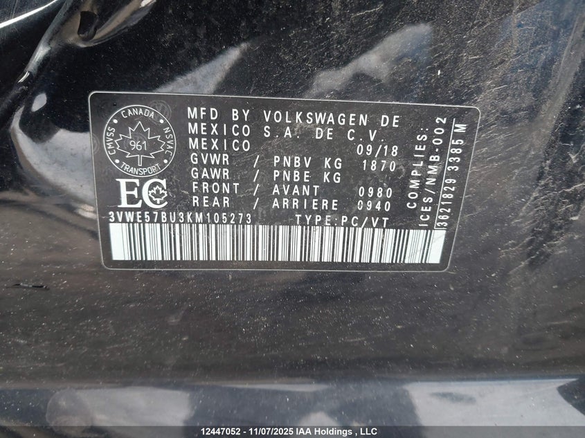 3VWE57BU3KM105273 2019 VOLKSWAGEN JETTA photo no. 9