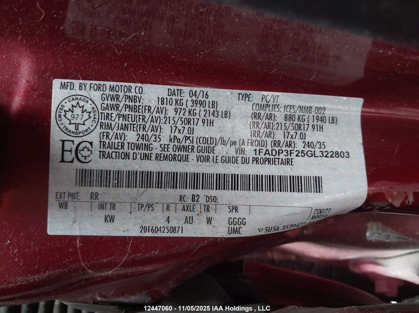 1FADP3F25GL322803 2016 FORD FOCUS photo no. 19