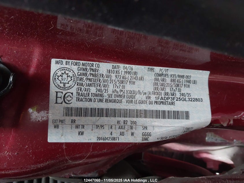 1FADP3F25GL322803 2016 FORD FOCUS photo no. 9