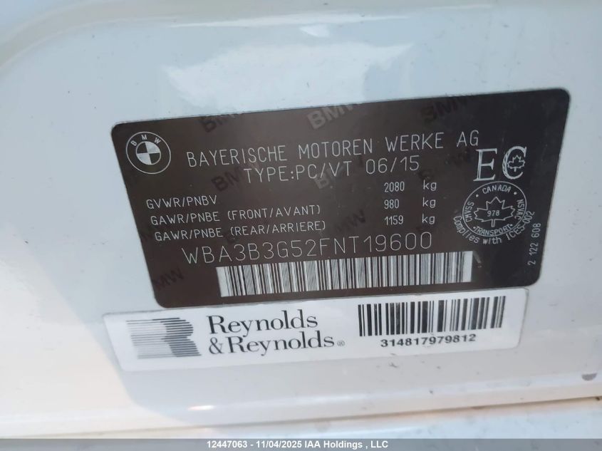 2015 BMW 328I xDrive VIN: WBA3B3G52FNT19600 Lot: 12447063