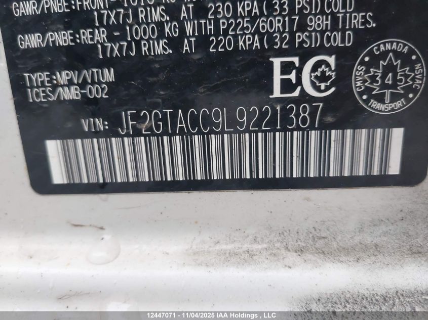 2020 Subaru Crosstrek Touring VIN: JF2GTACC9L9221387 Lot: 12447071