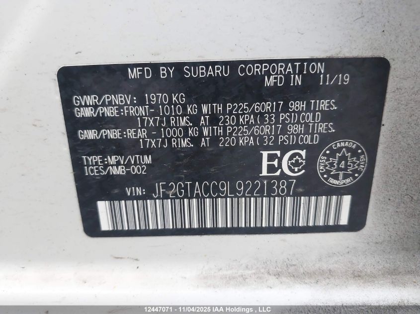 2020 Subaru Crosstrek Touring VIN: JF2GTACC9L9221387 Lot: 12447071