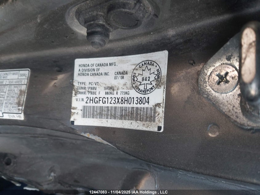 2HGFG123X8H013804 2008 HONDA CIVIC photo no. 9