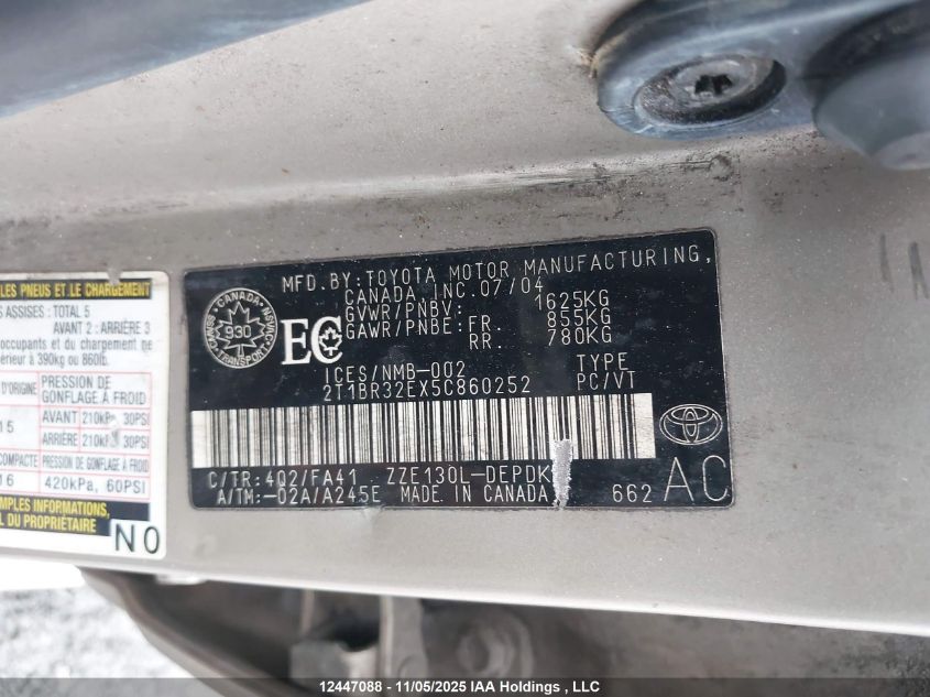 2005 Toyota Corolla VIN: 2T1BR32EX5C860252 Lot: 12447088