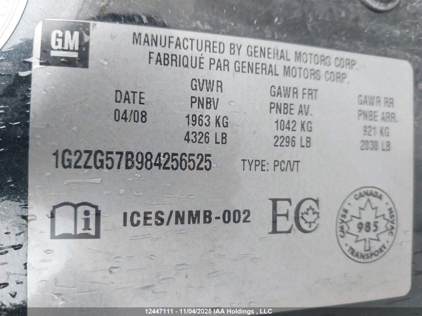 2008 Pontiac G6 Se VIN: 1G2ZG57B984256525 Lot: 12447111